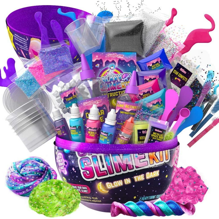 GirlZone Egg Surprise Galaxy Slime Kit for Girls, Measures 9.5 Inches High,  41 Pieces to Make DIY Glow in The Dark Slime with Lots of Fun Glitter Slime  Add In's, Great Gifts
