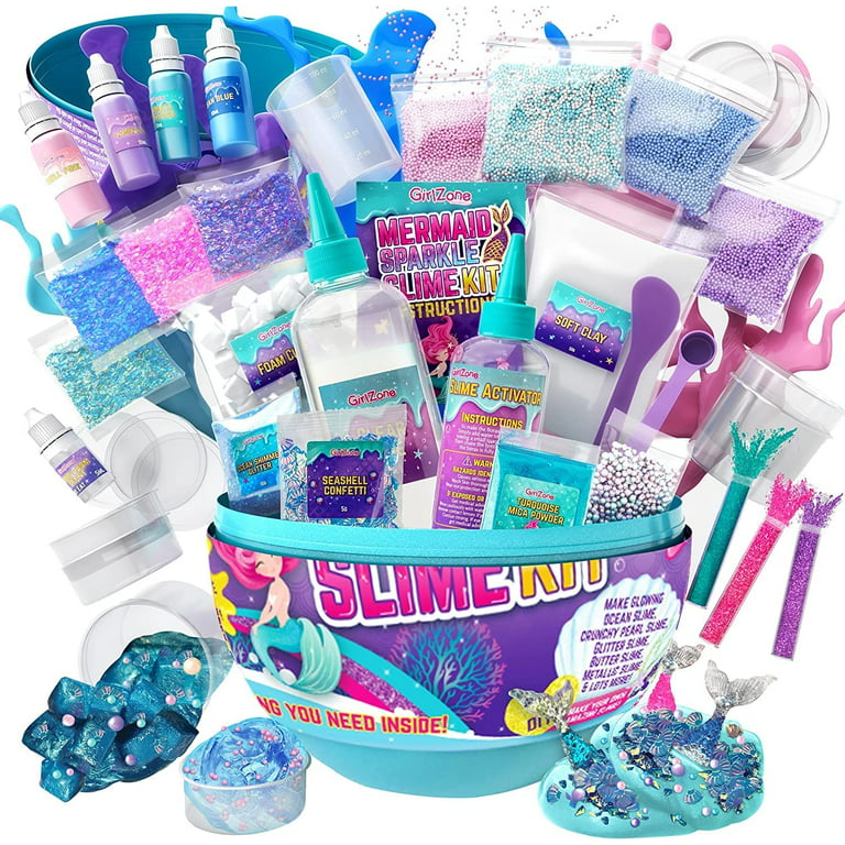 GirlZone Egg Surprise Mermaid Sparkle Slime Kit for Girls, 39 Pieces to Make Glow in The Dark Slime with Lots of Glitter Slime A