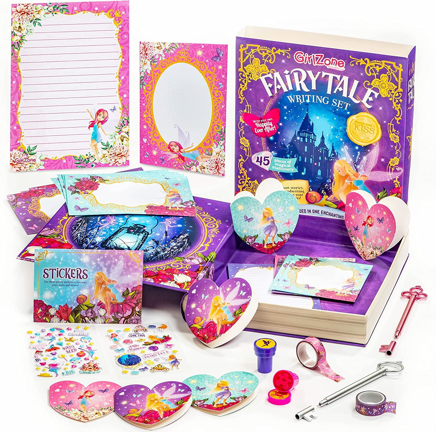 GirlZone Fairytale Writing Set, 45-Piece Fairy Stationery Kit with Paper Sheets, Cards, Stickers and Stampers in a Storybook Box, Magical Gift Idea