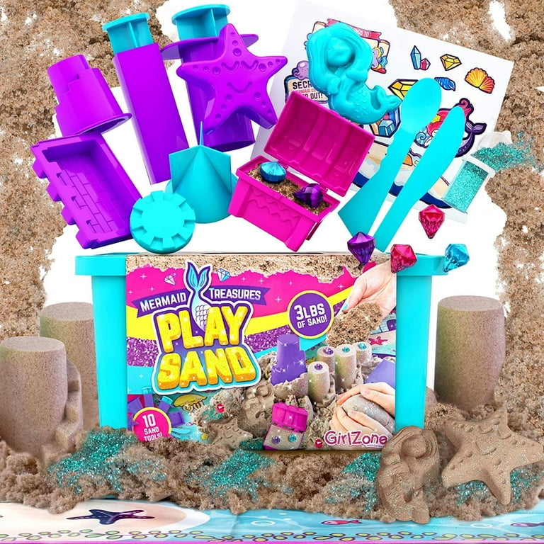 GirlZone Mermaid Treasures Play Sand for Kids, 3lbs of Magic Sand for Kids with Playmat, Accessories and Carry Case Storage Box - A Sensory Sand