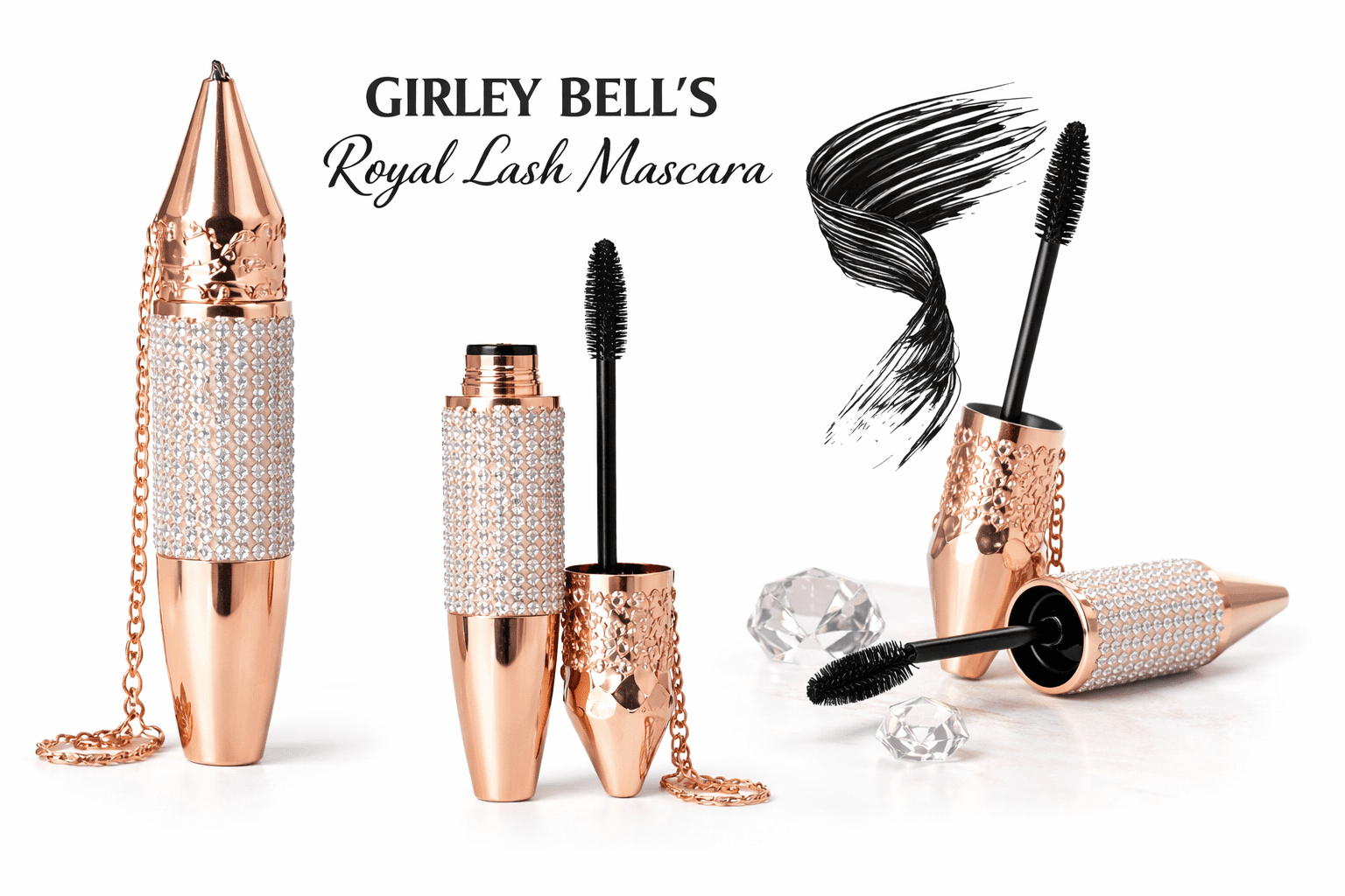 Girley Bell’s Volumizing Black Mascara, Long-Lasting Lash Defining Makeup, Rose Gold Rhinestone Tube