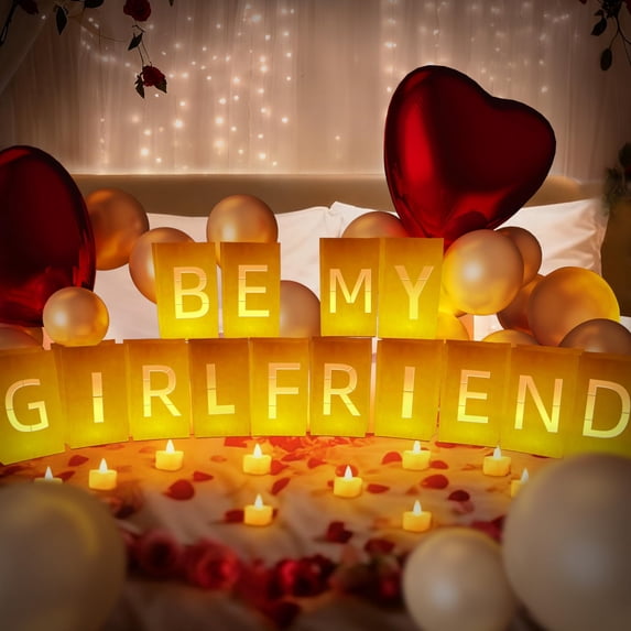 Be My Girlfriend Light Up Letters Include With Tea Lights Candles Latex Balloons Aluminum And Rose Petals Anniversary Valentines' Day Decorations For Women