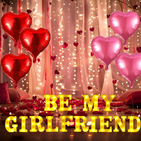 Be My Girlfriend Light Up Letters Proposal Decorations, Be My Girlfriend Signs with 1200PCS Rose Petals10 Heart Balloons, Romantic Night Lights for Valentine's Day Party Decor