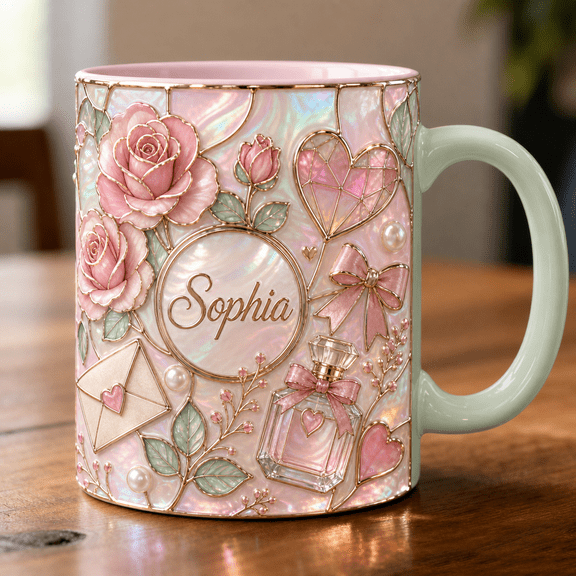 Girlfriend Mug Custom Name Accent Mug, Romantic Gift for Her with Pink Roses and Hearts