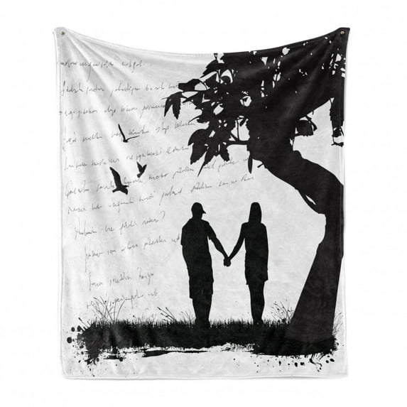 Girlfriend Soft Flannel Fleece Blanket, Silhouette of a Couple in Love Holding Hands Under Tree Romance Theme, Cozy Plush for Indoor and Outdoor Use, 60" x 80", Black White and Grey, by Ambesonne