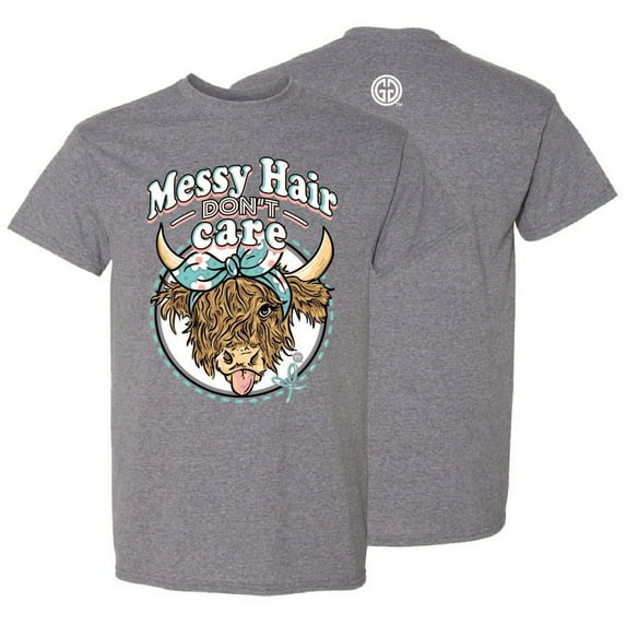 Girlie Girl Originals Messy Hair Don't Care Highland Cow Preppy Womens Short Sleeve T-Shirt Adult Navy - X-Large