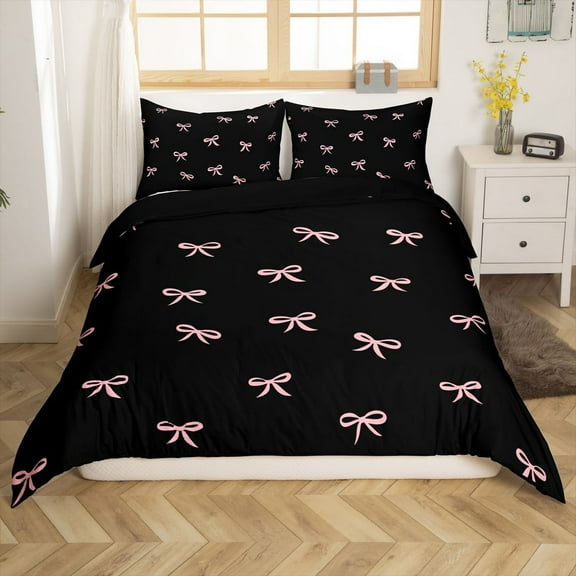 ish Pink Bow Duvet Cover Set Queen Size Lovely Hand Drawn Bedding Set Teens Geometric Bowknot Comforter Cover Princess Style Quilt Cover,2 Pillowcases(No Comforter)