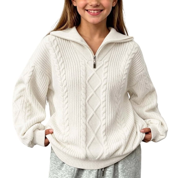 Girls 1/4 Zip Collar Cable Knit Sweater, Long Sleeve Loose Argyle Textured Pullover Top, Soft Casual Blouse Beige 7-8 Years