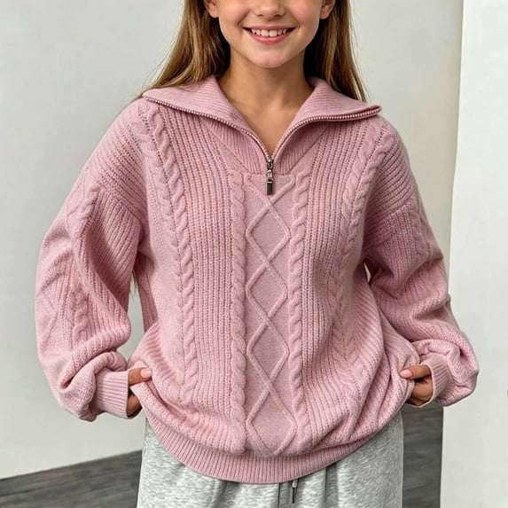 Girls 1/4 Zip Collar Cable Knit Sweater, Long Sleeve Loose Argyle Textured Pullover Top, Soft Casual Blouse Pink 7-8 Years