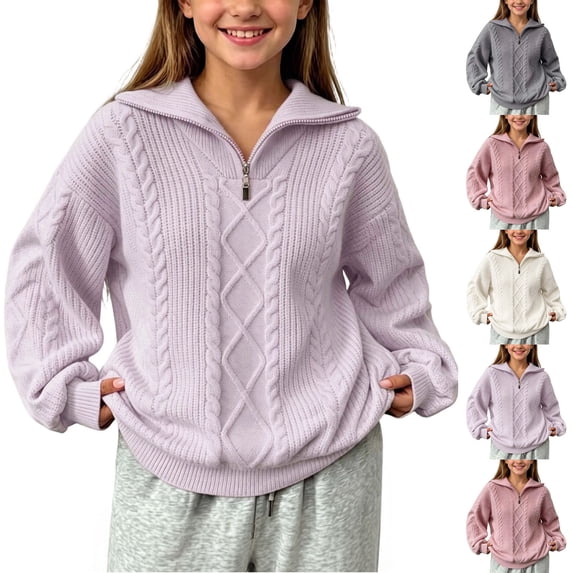 Girls 1/4 Zip Collar Cable Knit Sweater, Long Sleeve Loose Argyle Textured Pullover Top, Soft Casual Blouse Purple 14-15 Years