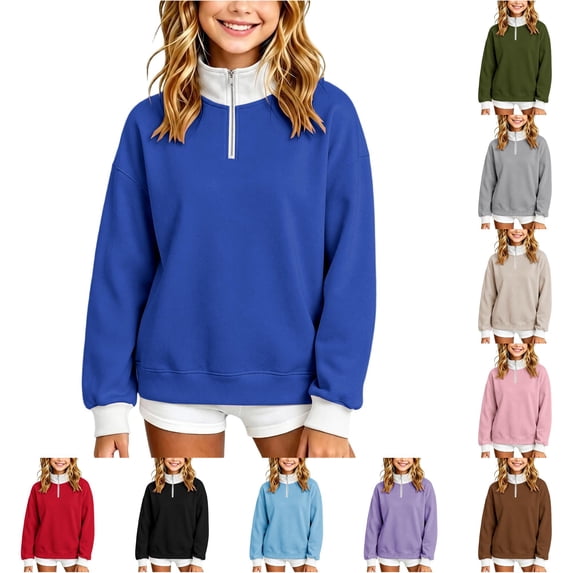 Girls' 1/4 Zipper Sweatshirts Casual Oversized Long Sleeve Pullover Tops Cute Half Zipper Hoodie Sweater Size 11-12 Years