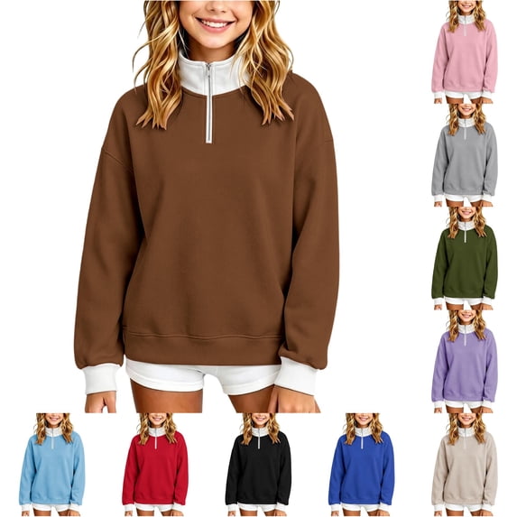 Girls' 1/4 Zipper Sweatshirts Casual Oversized Long Sleeve Pullover Tops Cute Half Zipper Hoodie Sweater Size 9-10 Years
