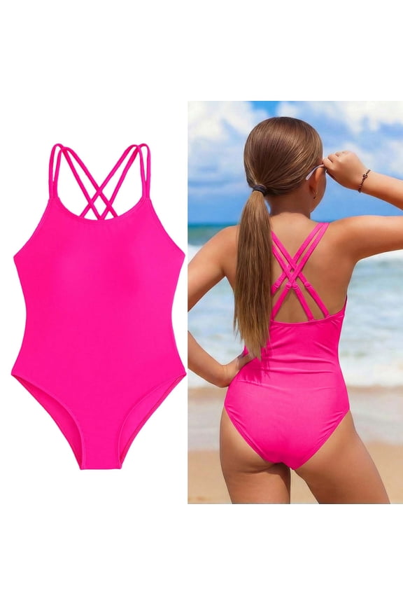 Girls 1 Piece Swimsuit Crossback Bathing Suits Quick Dry Beach Swimwear with Adjustable Straps Kids Swimming 9-10 Years