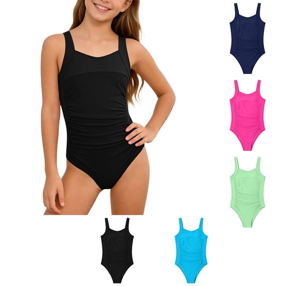 Girls 1 Piece Swimsuits Ruched Wide Strap Black Bathing Suits Girl Swim Suit Kids Swimwear 6-7 Years