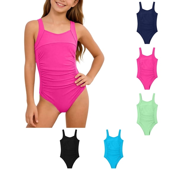 Girls 1 Piece Swimsuits Ruched Wide Strap Pink Bathing Suits Girl Swim Suit Kids Swimwear 15-16 Years