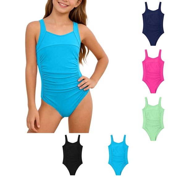 Girls 1 Piece Swimsuits Ruched Wide Strap Sky Blue Bathing Suits Girl Swim Suit Kids Swimwear 8-9 Years