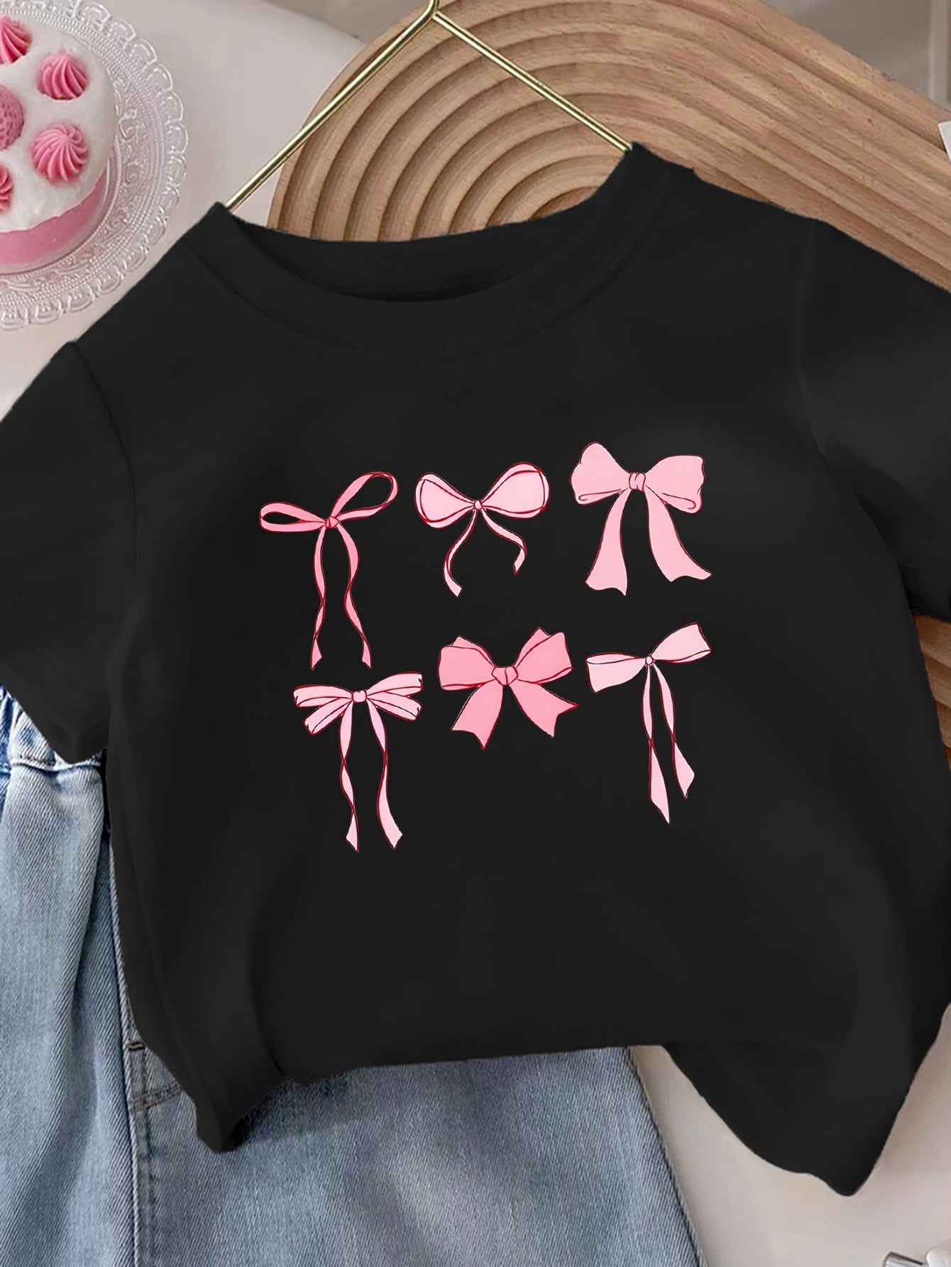 トップス ANDMARYBobby girls tops Girls' 100% Cotton Short Sleeve T-Shirt - Black with Pink Bow