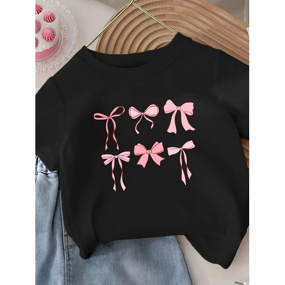 Girls' 100% Cotton Short Sleeve T-Shirt - Black with Pink Bow Print Casual Summer Top, Round Neck Regular Fit for Everyday Play & Outings, Shirts for Girls, Soft Knitted Texture