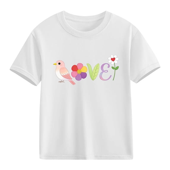 Girls Cotton T-Shirt Cute Love Bird Floral Graphic Short Sleeve Tee Soft Kids Top for Kids Little & Big Girls,Size 3 T