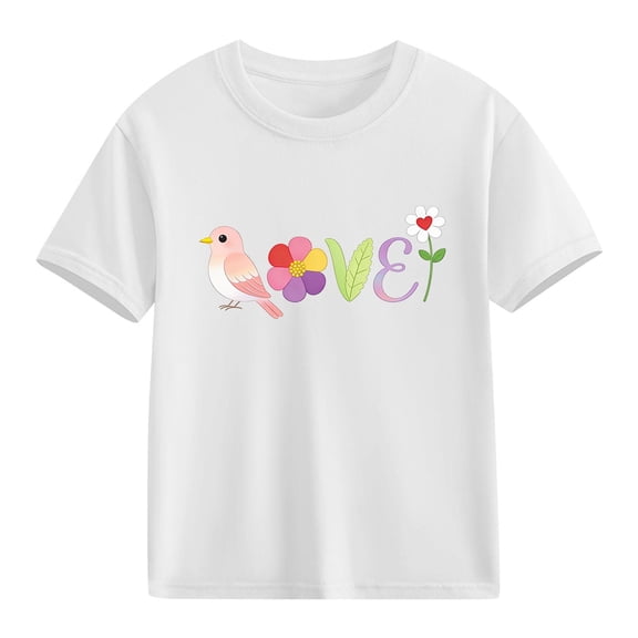 Girls 100% Cotton T-Shirt Cute Love Bird Floral Graphic Short Sleeve Tee Soft Kids Top for Kids Little & Big Girls,Size 9 T