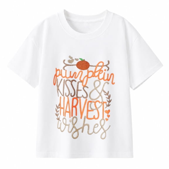 Girls' 100% Cotton Thanksgiving Pumpkin Kisses Harvest Wishes Graphic T-Shirt, Short Sleeve Top