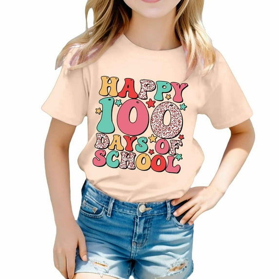 Girls 100 Days Of School Shirt Letter Print Comfortable Short Sleeve Round Neck Summer Tops T Shirts for Boys and Girls 3-4 Years