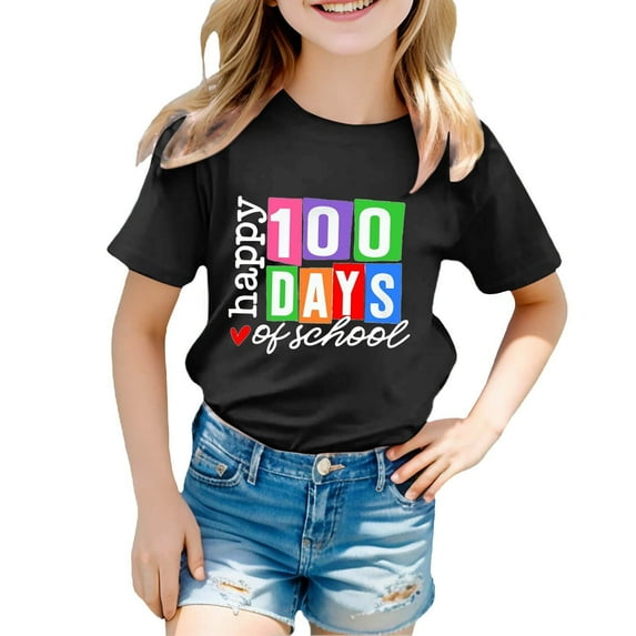 Girls 100 Days of School Shirt for Children Cute Print Round Neck Short Sleeve Boys Shirts Top School Celebration Shirt for Kids Boys Girls Size 6