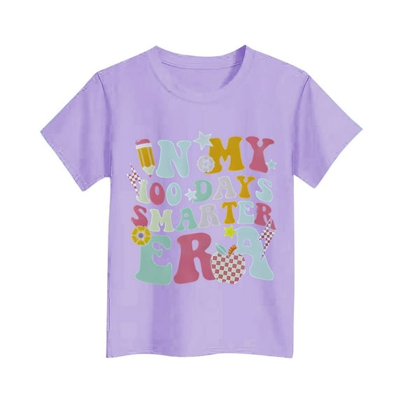 Girls 100 Days of School Tops Summer T-Shirt Short Sleeve Loose Graphic Tees Fashion Cute Casual Summer Clothes, Purple, 11 Years
