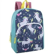 TRAIL MAKER Girls 15"L Playful Printed Backpack with Padded Shoulder Straps and Front Zipper Pocket for Preschool, Kindergarten, Elementary, Camp, Traveling & Commuting in Flying Unicorns