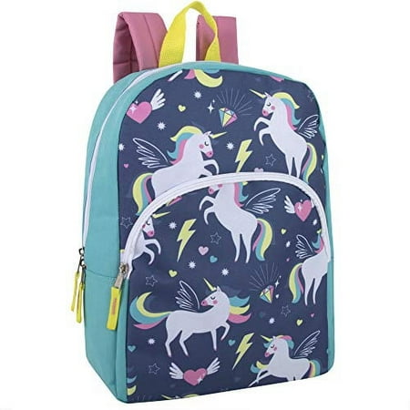 Girls 15"L Playful Printed Backpack with Padded Shoulder Straps and Front Zipper Pocket for Preschool, Kindergarten, Elementary, Camp, Traveling & Commuting in Flying Unicorns
