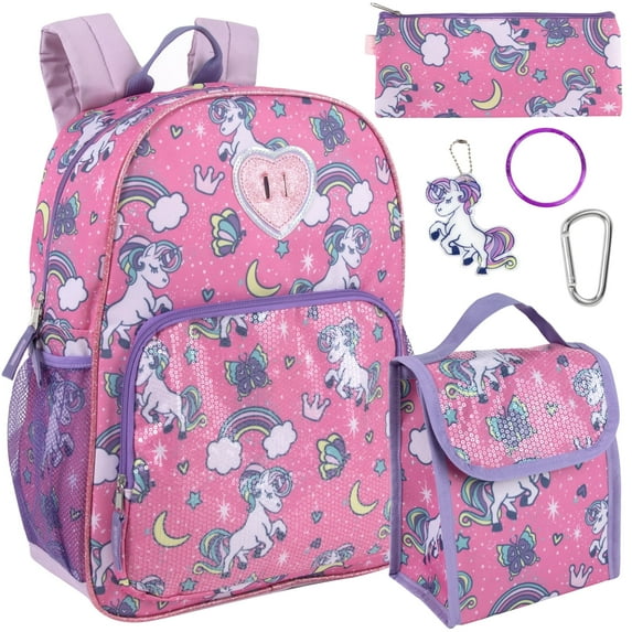 6 in 1 Females Backpack with Matching Lunch Bag, Pencil Case, Keychain & Accessories in Unicorns & Butterflies