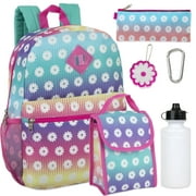 Girls 16"L 6 in 1 Backpack with Matching Lunch Bag, Pencil Case, Water Bottle, Keychain & Accessories for School, Camp, Commuting and Travel in Ombre Daisies