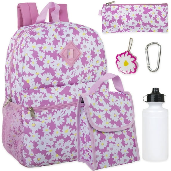6 in 1 Females Backpack with Matching Lunch Bag, Pencil Case, Water Bottle, Keychain & Accessories in Pink Daisies