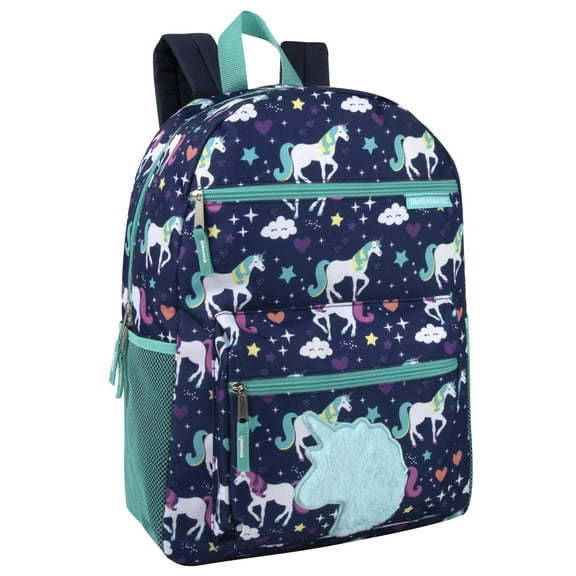 17 Inch Plush Prancing Unicorns Backpack with Plush Applique for Travel, Camping and Commuting