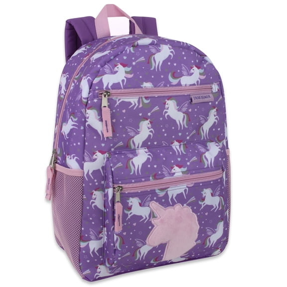 17 Inch Unicorn Plush Backpack with Plush Applique for Travel, Camping and Commuting