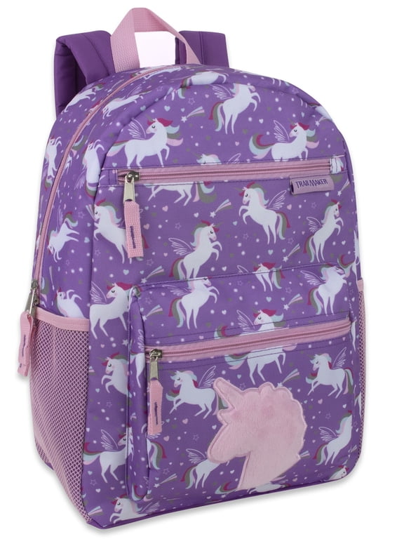 17 Inch Unicorn Plush Backpack with Plush Applique for Travel, Camping and Commuting