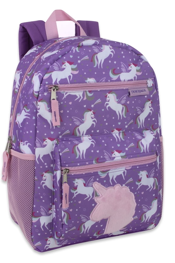 17 Inch Unicorn Plush Backpack with Plush Applique for Travel, Camping and Commuting