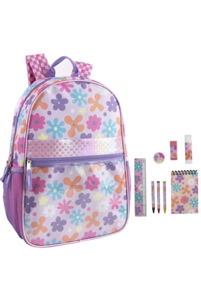 17 Inch Floral Backpack with Matching Stationary Kit Containing Crayons, Ruler, Eraser, Pencil Sharpener and Notepad in Floral Frenzy Print