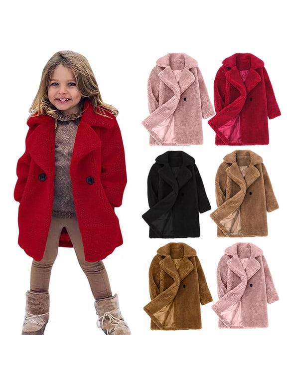 Girls' (18M-6Y) Fuzzy Fleece Trench Coat Notch-Collar Button Down Winter Jacket Shaggy Warm Overcoat for Playdates & Daily Walks