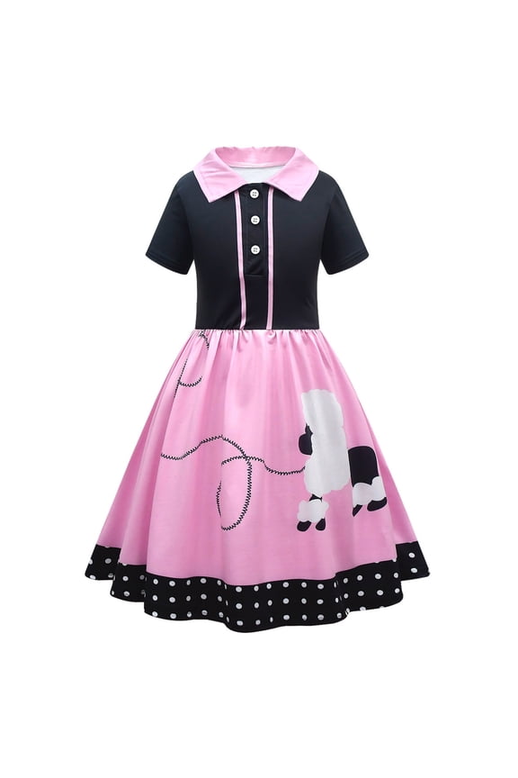 Girls 1950s Poodle Skirt Costume Retro Sock Hop Outfit Kids Halloween Birthday Party Cosplay Dress Set [CHSJU]