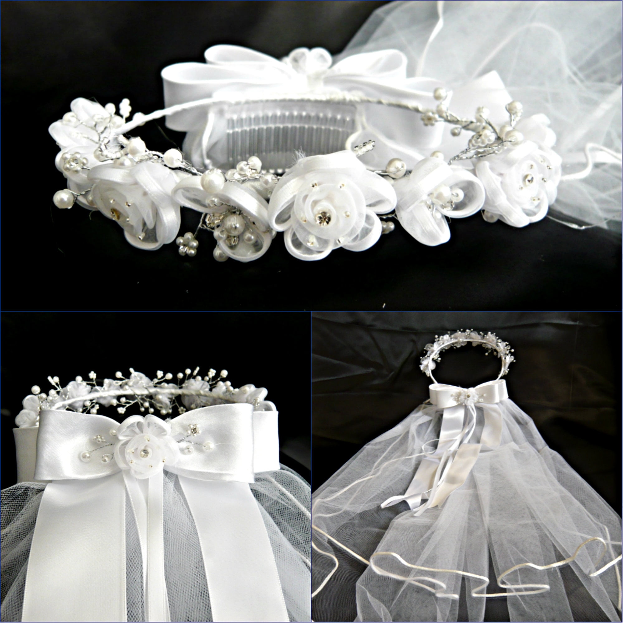 Girls 1st Communion Wedding Bridal White Veil Flower Girl Wreath Headpiece