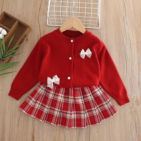 Girls 2-Piece 100% Cotton Outfit Set - Red Plaid Cardigan & Pleated Skirt, Sweet Festive Clothing for Kids/Kids Ages 1-8,Size 4-5T