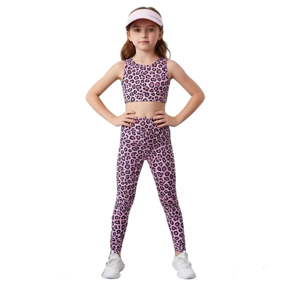 Girls 2 Piece Activewear Set Leopard Print Crop Tank & High-Waisted Leggings Kids Workout & Dance Outfit Pink Size 4-5 Years