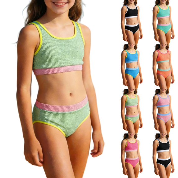 Girls 2 Piece Bikini Set Beach Sports Bathing Suit Colorblock High Waist Athletic Swimsuit Summer Swimwear 7-16 Years