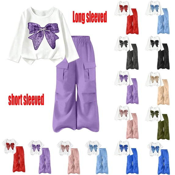 Girls 2 Piece Casual Outfits Bow Graphic Tee & Cargo Flare Pants Set, Long Sleeve Casual Kids Clothes for Tween Girls