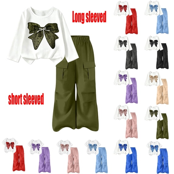 Girls 2 Piece Casual Outfits Bow Graphic Tee & Cargo Flare Pants Set, Short Sleeve Casual Kids Clothes for Tween Girls
