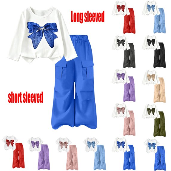 Girls 2 Piece Casual Outfits Bow Graphic Tee & Cargo Flare Pants Set, Short Sleeve Casual Kids Clothes for Tween Girls