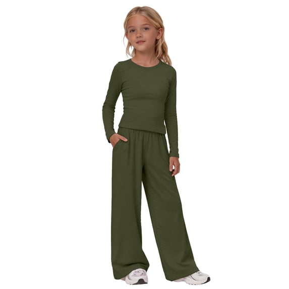 Girls 2 Piece Casual Sets Long Sleeve Crew Neck Top Straight Pants Outfits Kids Stylish Clothing Spring Fall Outfits Lounge Sets Blackish Green