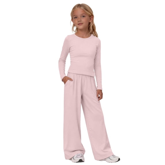 Girls 2 Piece Casual Sets Long Sleeve Crew Neck Top Straight Pants Outfits Kids Stylish Clothing Spring Fall Outfits Lounge Sets Light Pink