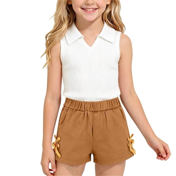 Girls 2-Piece Coffee Summer Outfit Kids Ribbed Tank Top and High Waisted Shorts with Pockets,Size 3-6Months